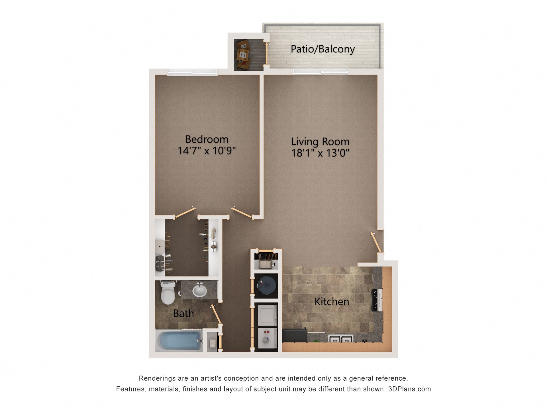 Floor plan for 1 bed, 1 bath, 796 sqft
